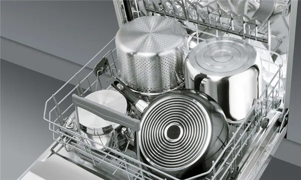 Пример правильного расположения габаритной посуды в лотке посудомоечной машины для мытья