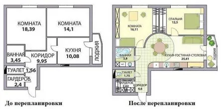 Пример двухкомнатной квартиры до и после перепланировки