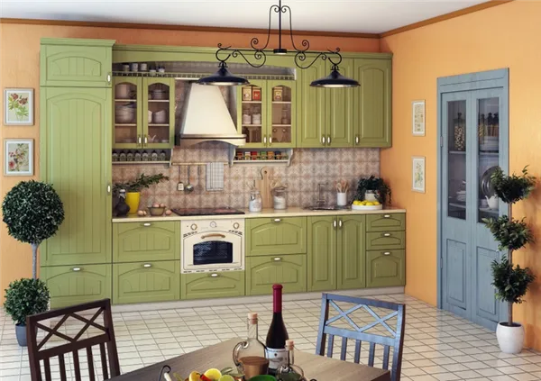 Зеленая кухня и оранжевые стены