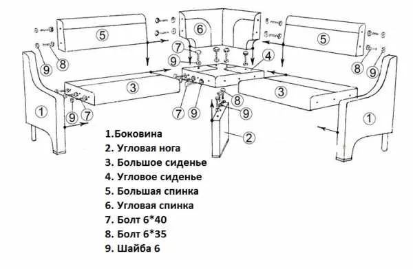 Чертеж углового дивана, его детали