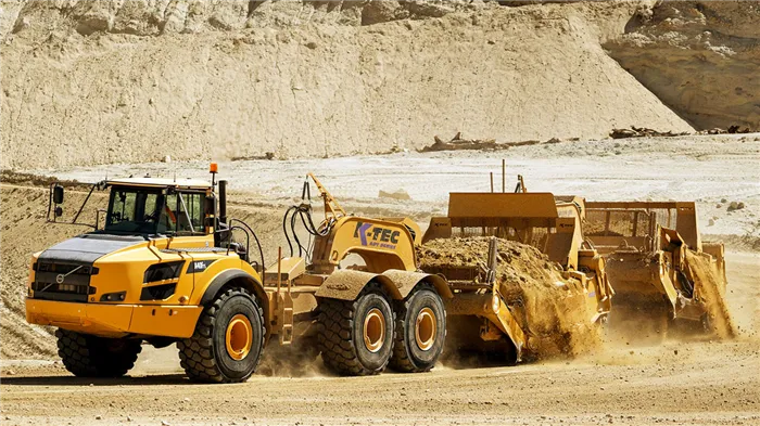 Сцепка скреперов K-Tec с шарнирно-сочленённым самосвалом Volvo A40