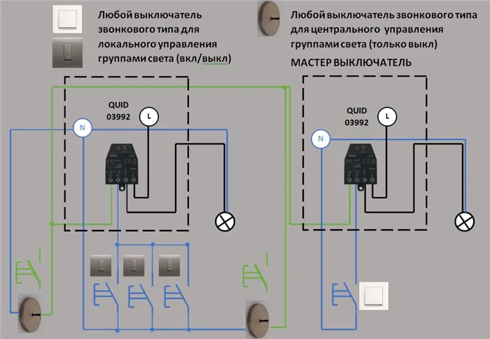 Схема подключения мастер-выключателя на основе QUID 