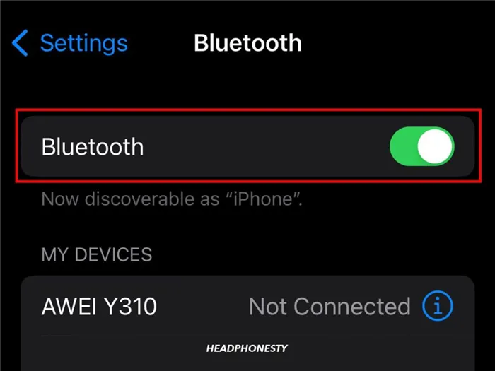 Включение Bluetooth на iPhone