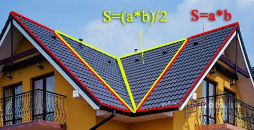 расчет площади кровли, состоящей из треугольника и прямоугольника