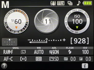 На фото установлена диафрагма f/11, а на любительских зеркалках Nikon при её закрытии наблюдается визуализация с закрывающимися лепестками, что облегчает понимание настроек.